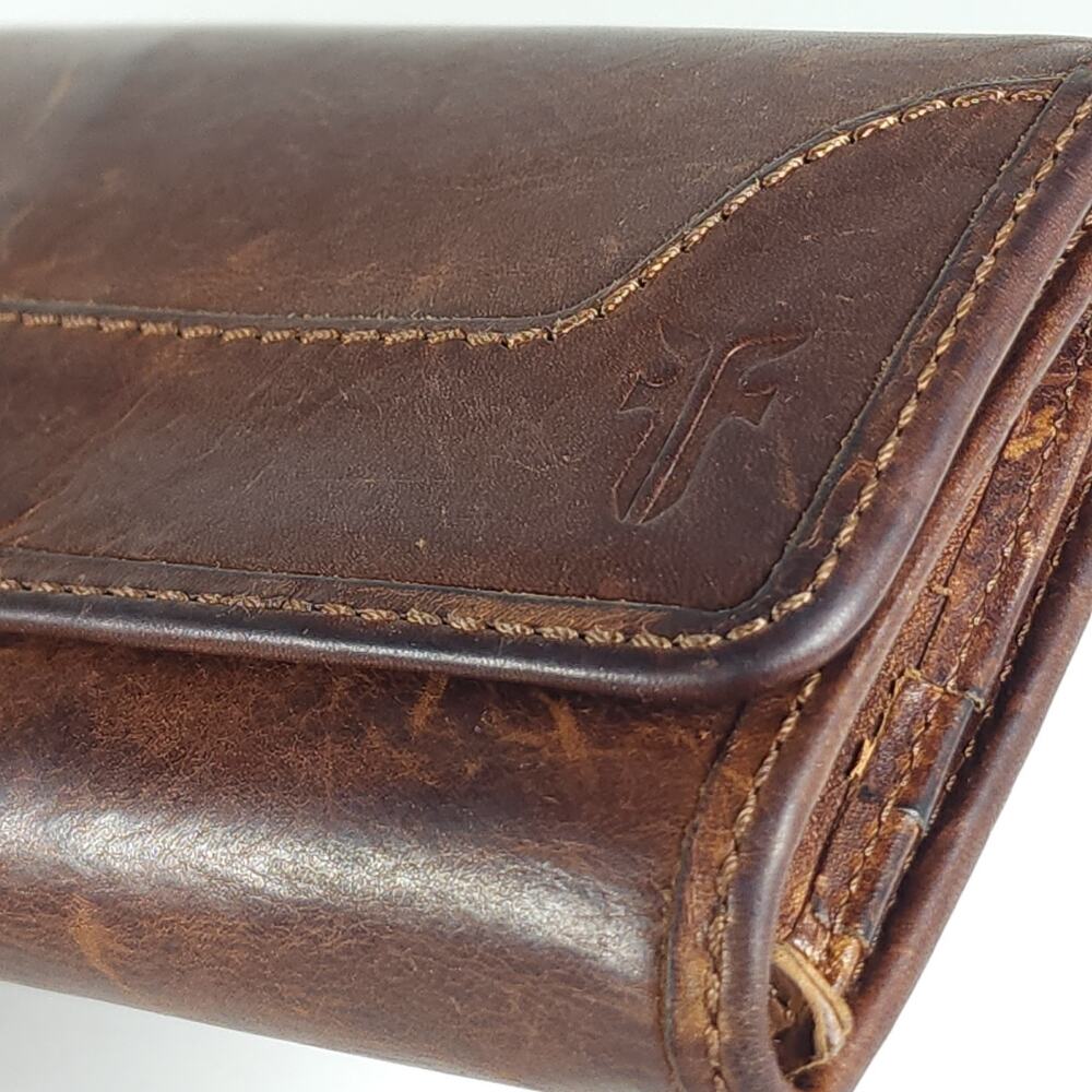 Frye Melissa Continental Cognac Brown Distressed Leather Snap Trifold Wallet - Picture 11 of 13